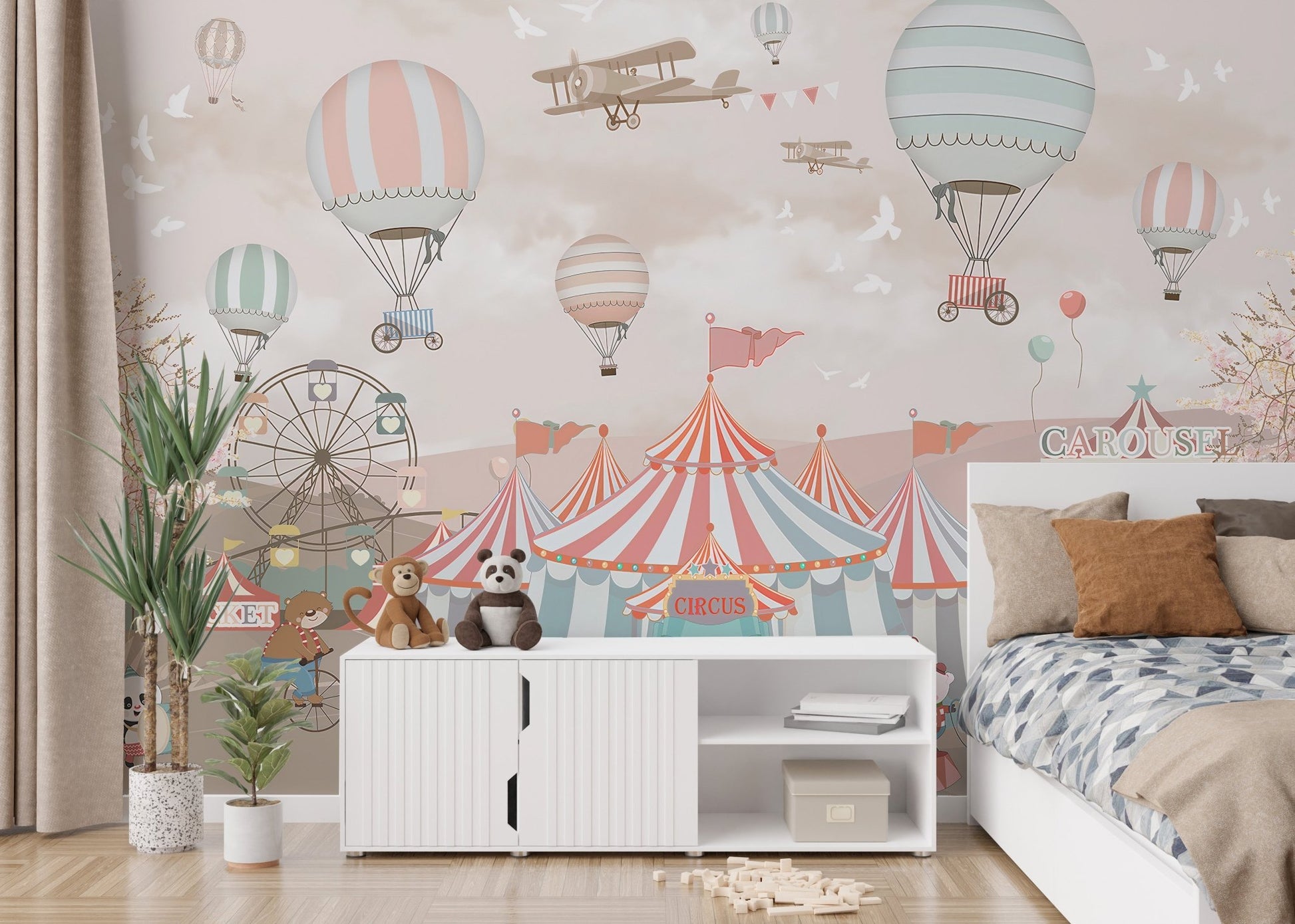 Bedroom wall mural for children featuring a circus parade theme.