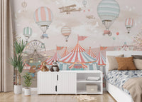 Bedroom wall mural for children featuring a circus parade theme.