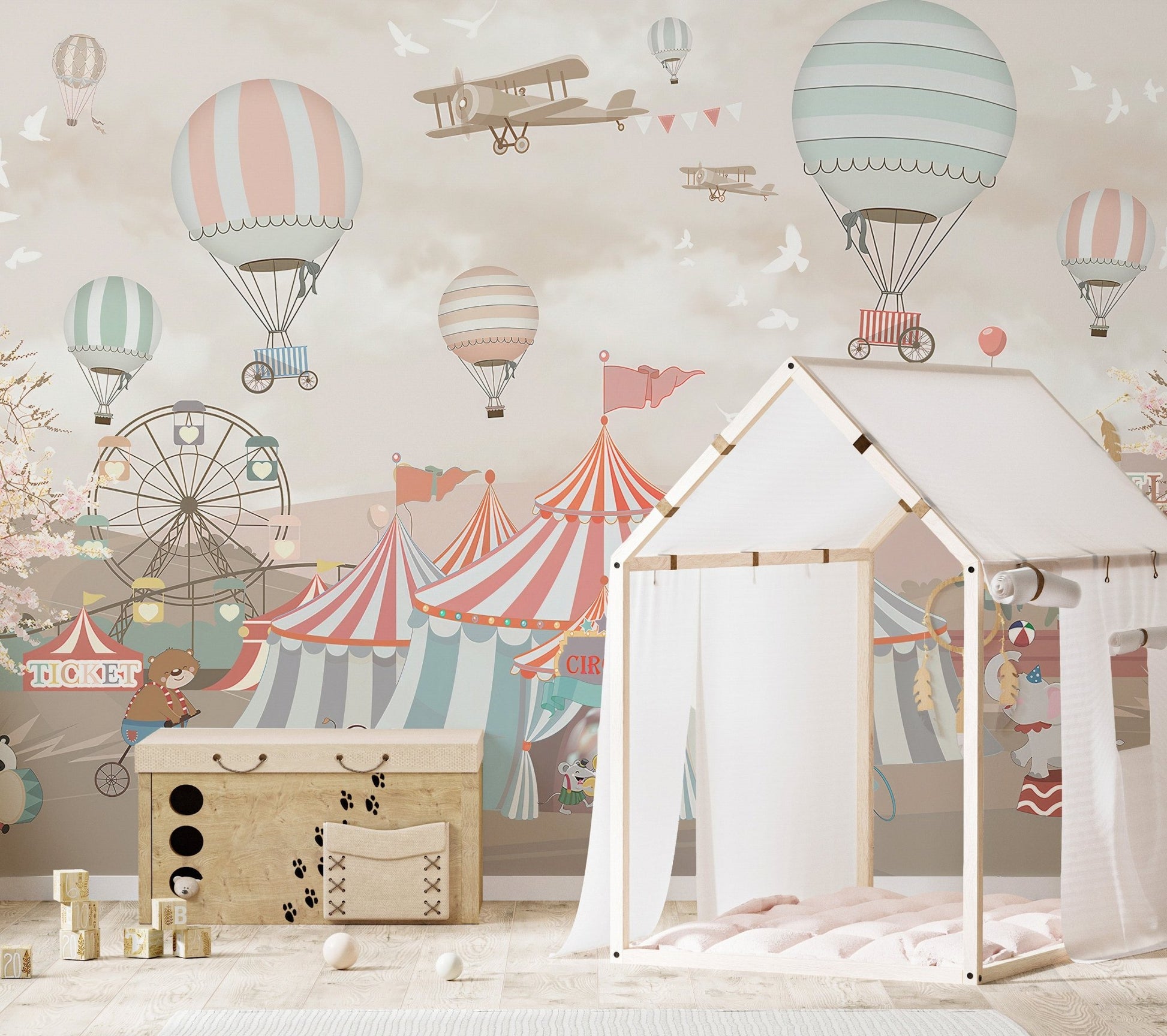 Pink circus wall mural showcasing joyful scenes in kids playroom.