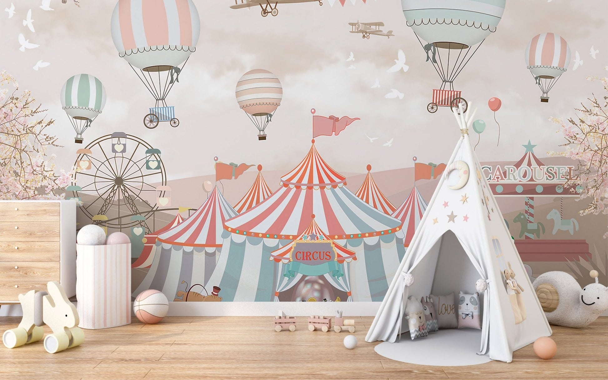 Pink circus parade mural with cute animals in kids playroom.