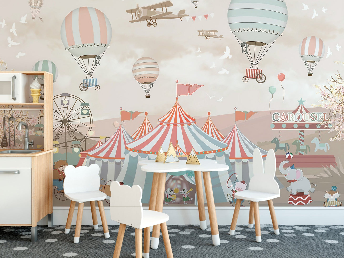 Adorable circus wall mural featuring fun acts in kids dining area.