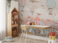 Playful pink parade wall mural with circus vibes in study area.