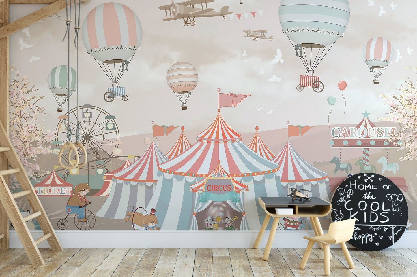 Cheerful pink circus parade wall mural design in kids study area.