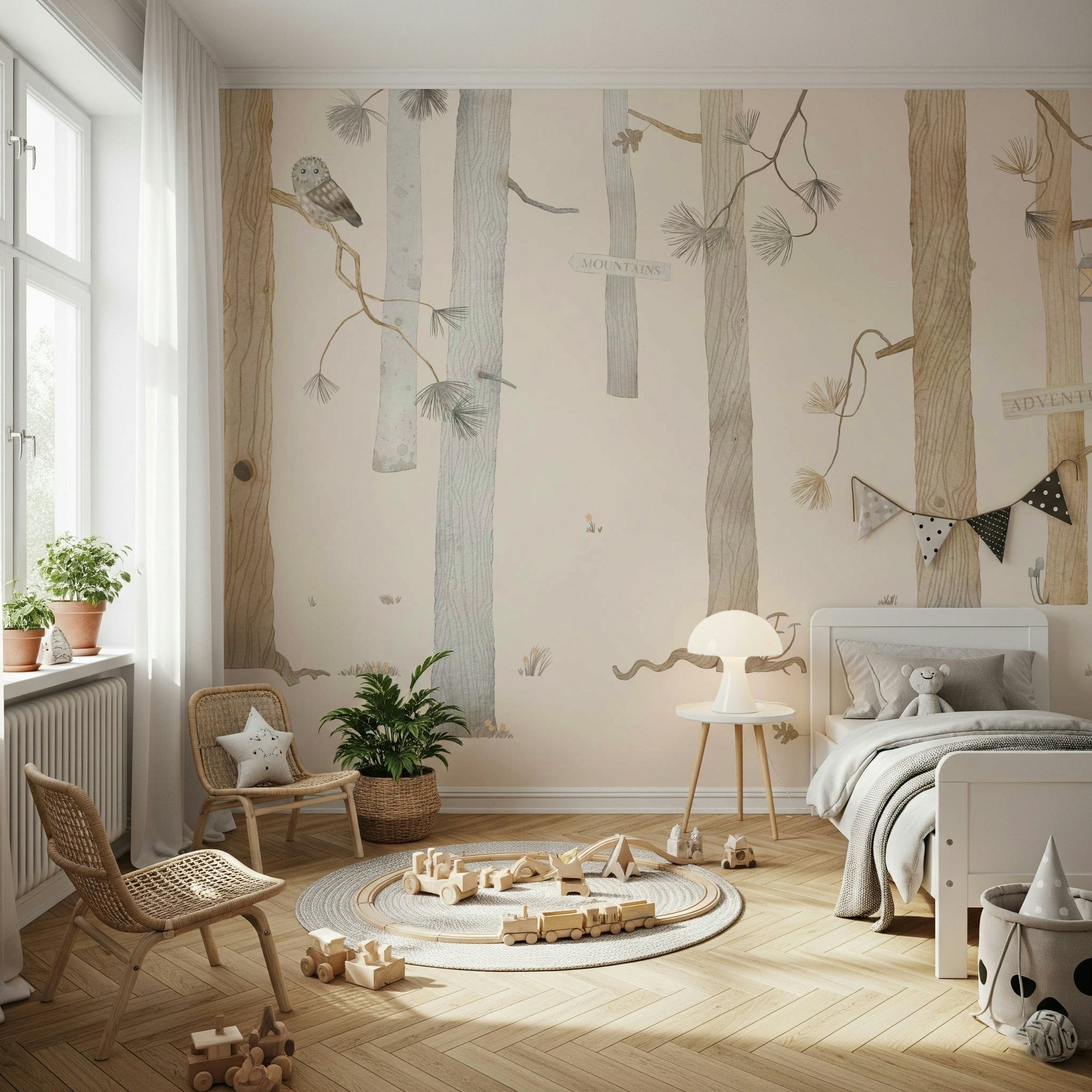 Watercolor pine trees in a neutral Adventure Awaits Forest Wall Mural.