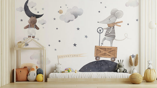 Adventure night kids wallpaper mural with bear and moon sky theme.