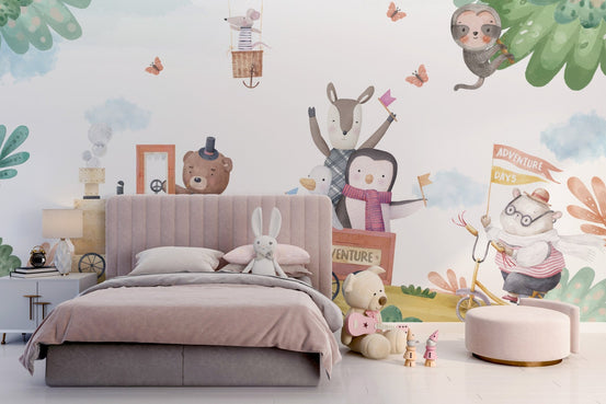 Cartoon animal train wallpaper mural with calm colors.