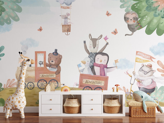 Adventure train kids wall mural with watercolor animal train.