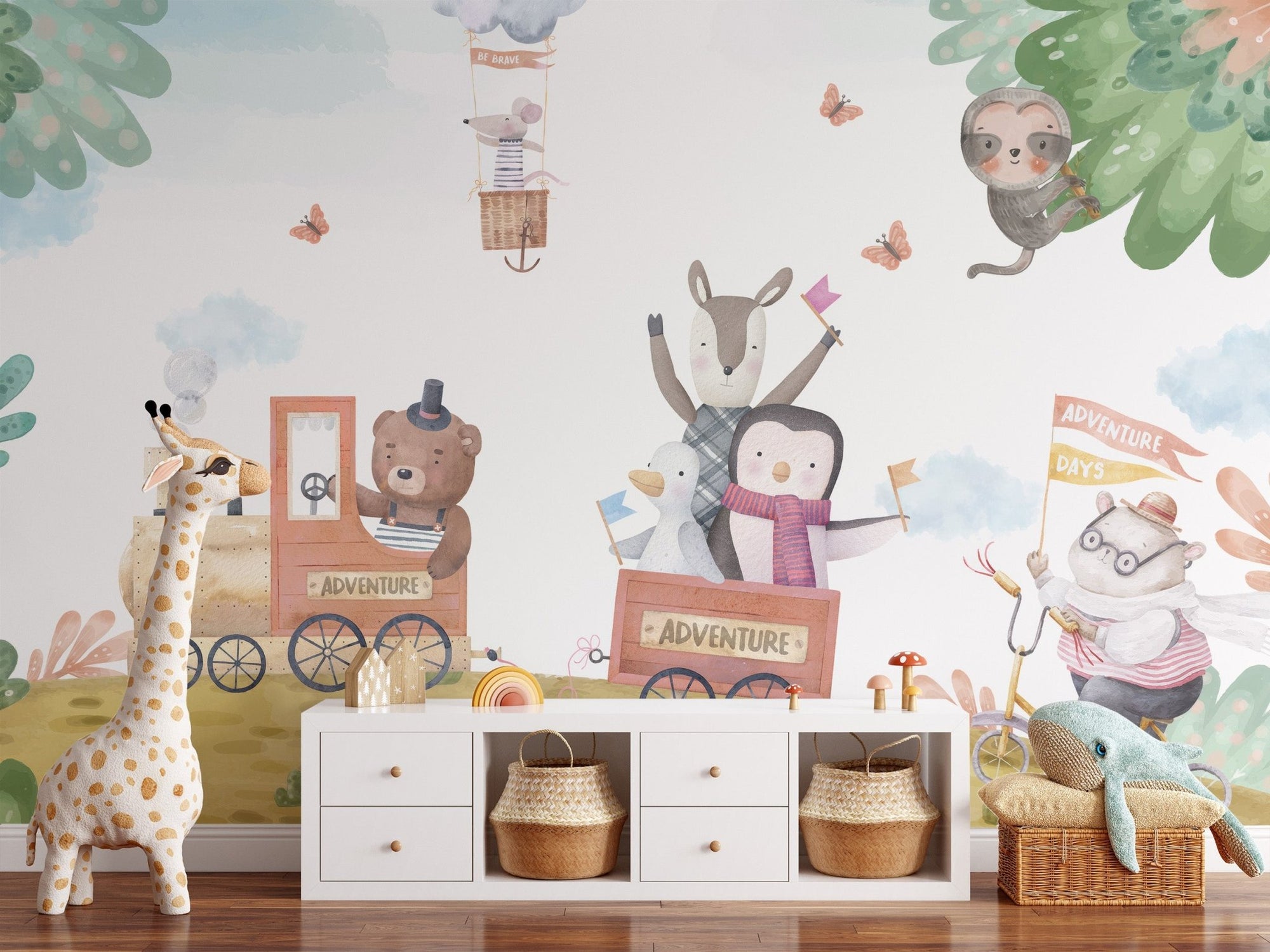 Adventure train kids wall mural with watercolor animal train.