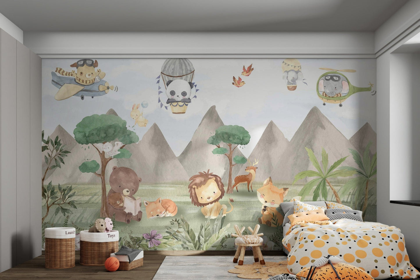 Neutral beige and brown tones animal forest wall mural for kids bedroom.