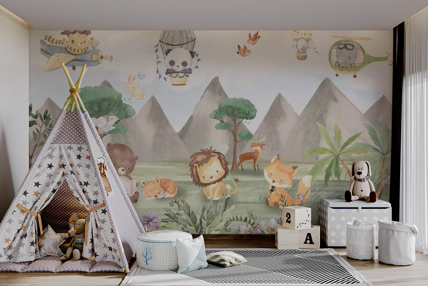 Dog flying a blue propeller plane illustration children wall mural.