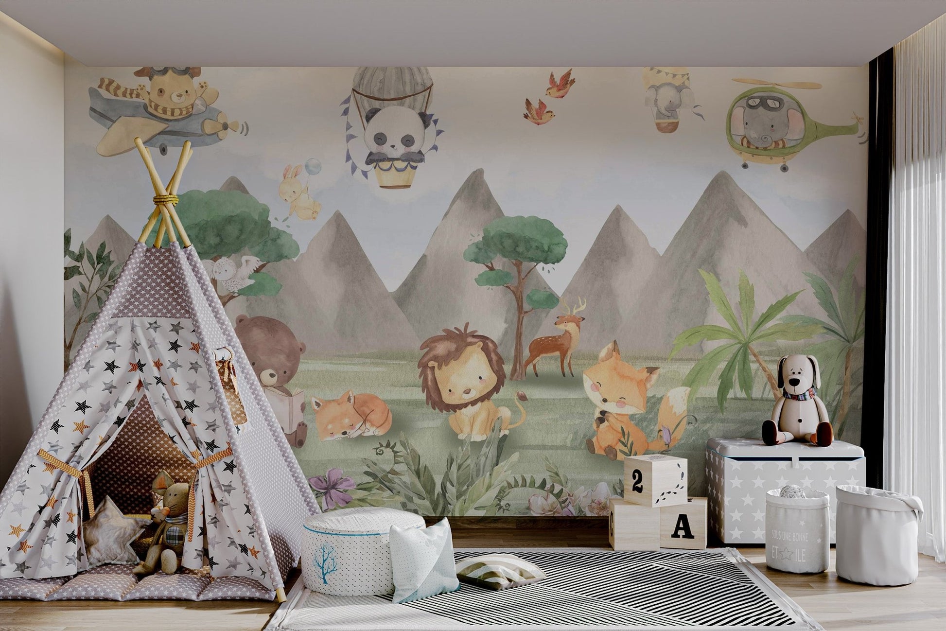 Dog flying a blue propeller plane illustration children wall mural.