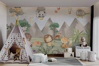 Dog flying a blue propeller plane illustration children wall mural.