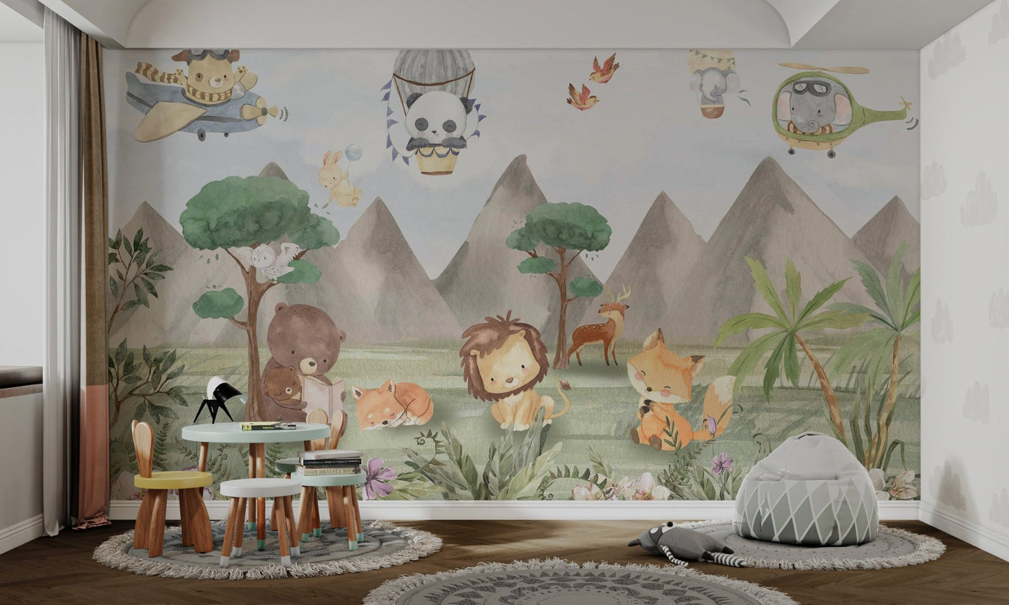 Cute lion and fox sitting in forest landscape theme wall mural for nursery