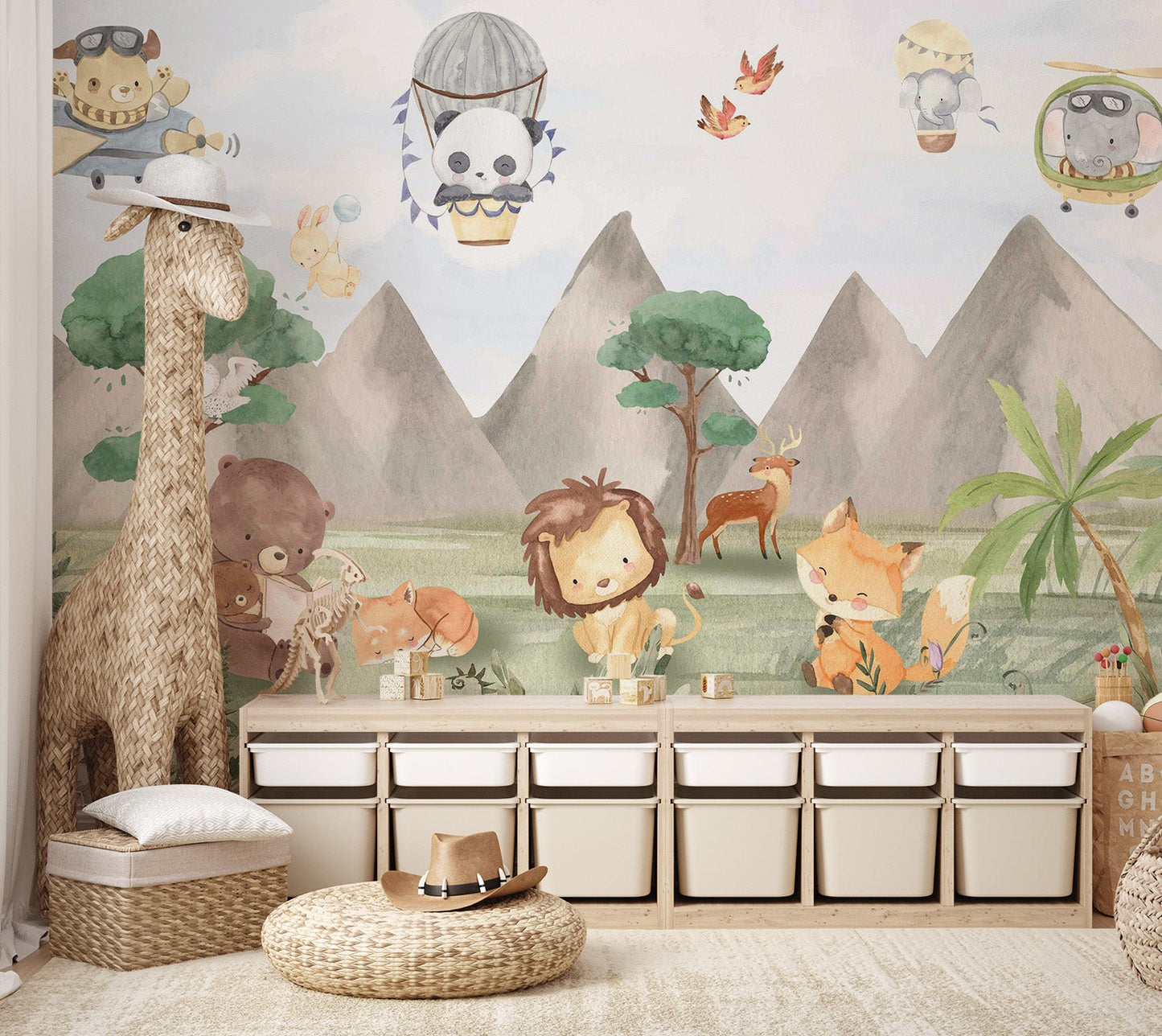 Deer and fox in woodland mountain scenery watercolor wall mural