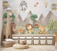 Deer and fox in woodland mountain scenery watercolor wall mural