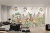 A dreamy forest mural with playful animals and helicopter for bedroom.