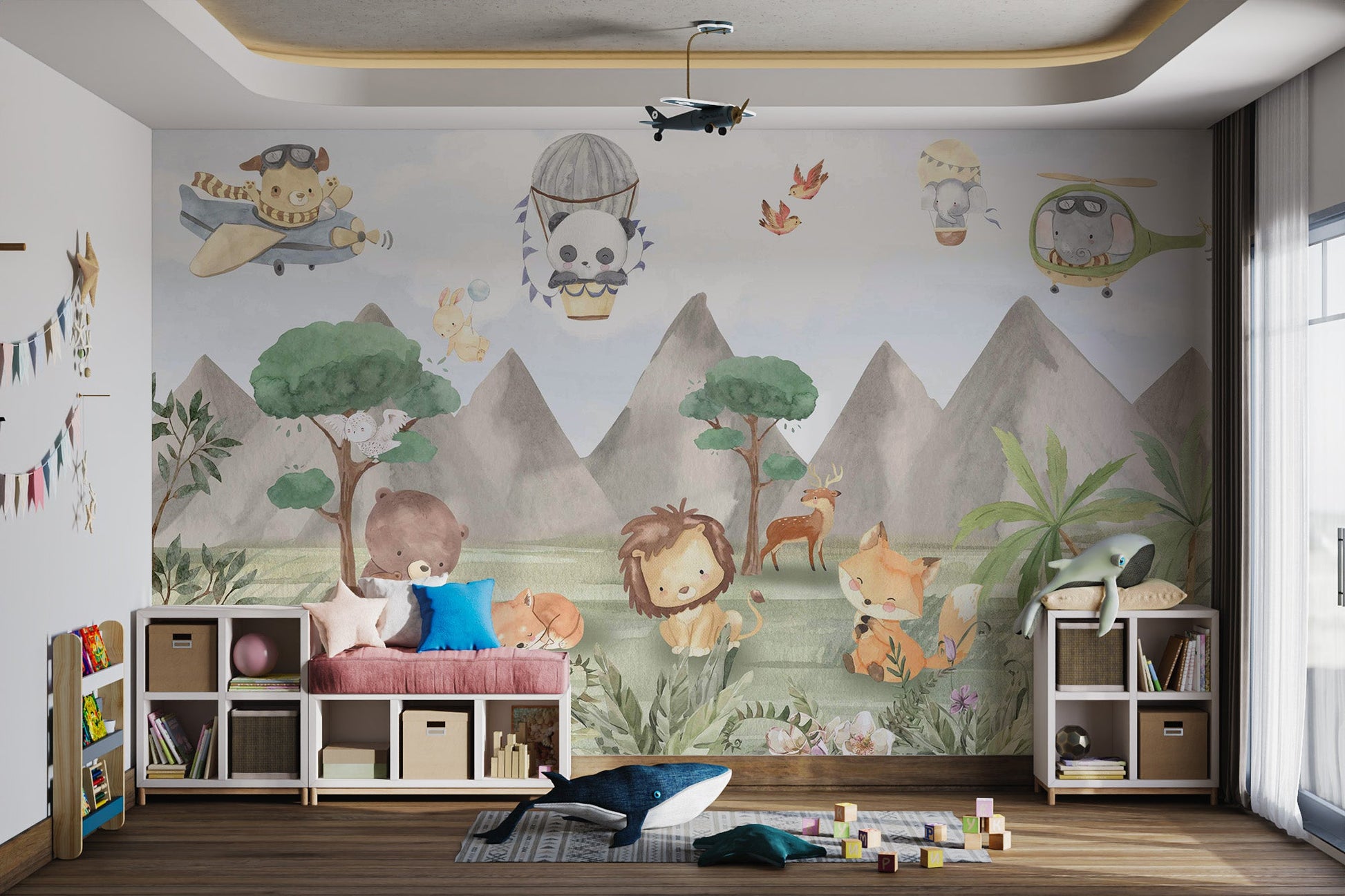 Grey mountain peaks and green pine tree background wildlife wall mural.