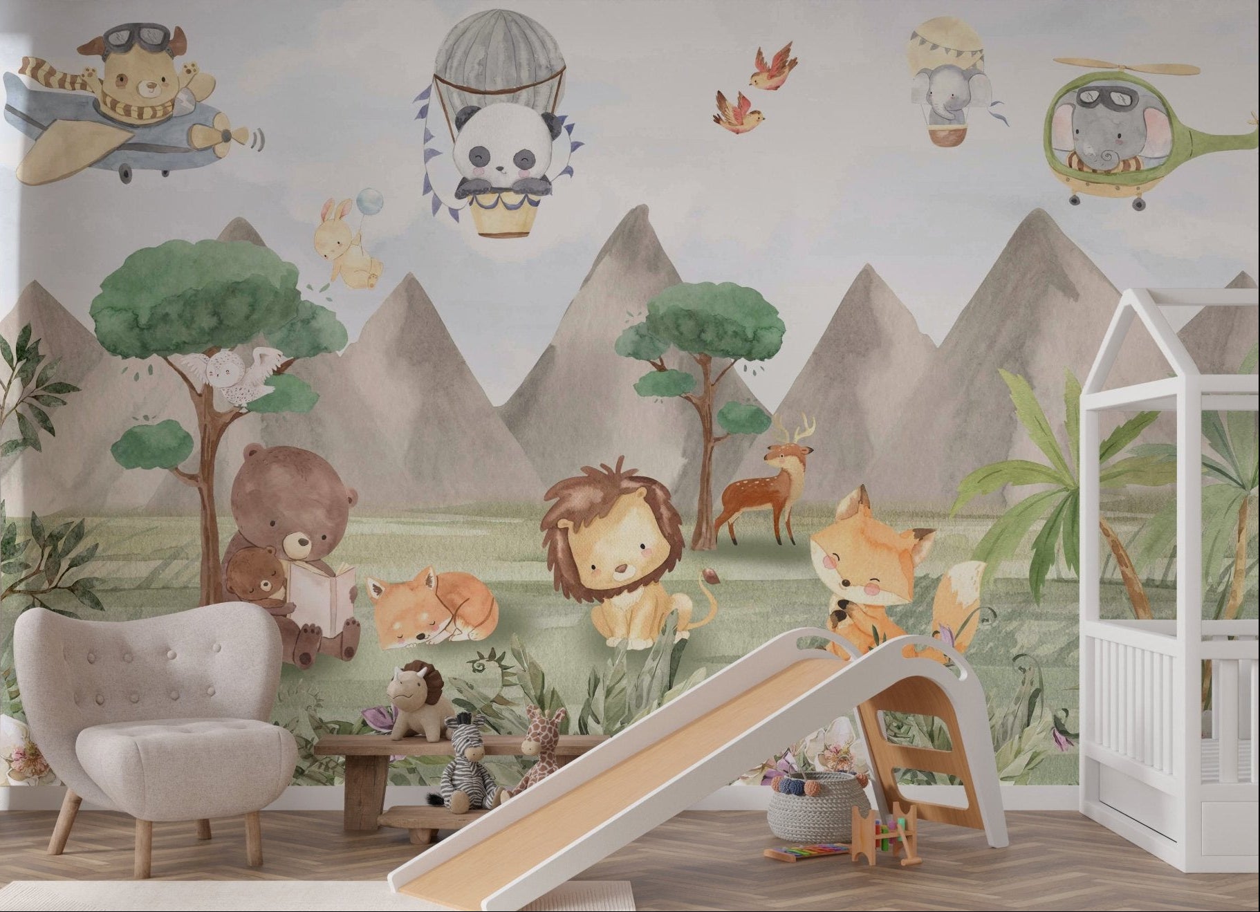Adventure Wildlife Kids Wall mural with panda in balloon for nursery.