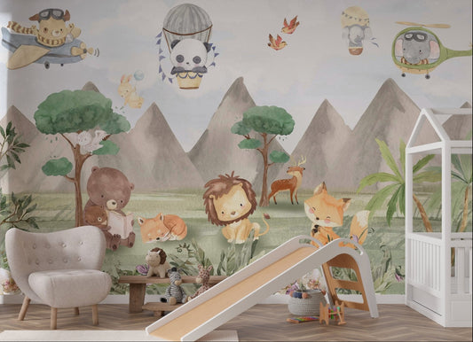 Adventure Wildlife Kids Wall mural with panda in balloon for nursery.