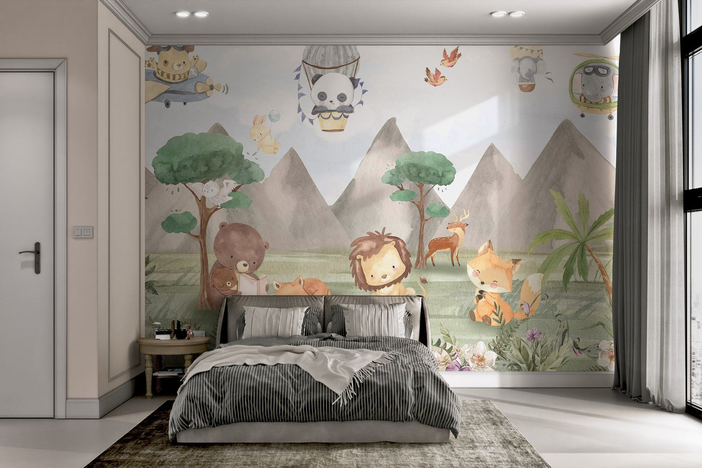 Brown bear reading book under green trees watercolor kids wall mural.