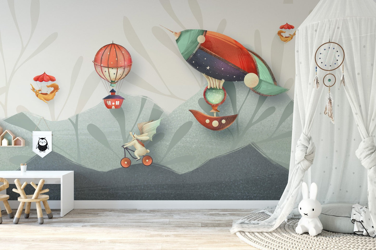 Dynamic adventures in animation mural for nursery interior.
