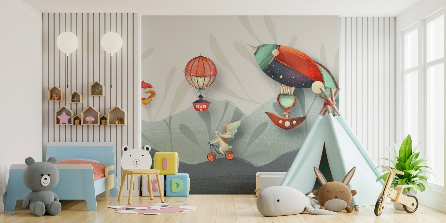Adventures in animation mural featuring playful cartoon characters in kids bedroom.
