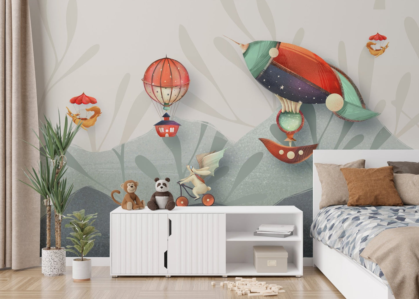 Animation adventure mural creating a lively and fun ambiance in kids bedroom.
