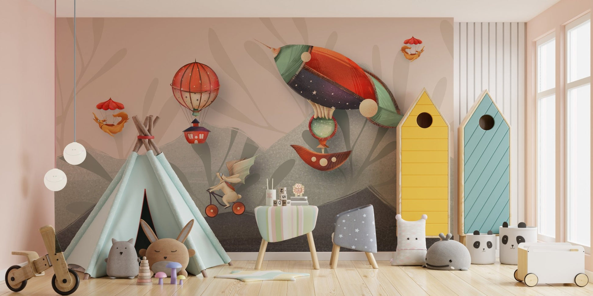 Kids' playroom wall mural with dynamic animation-inspired designs.
