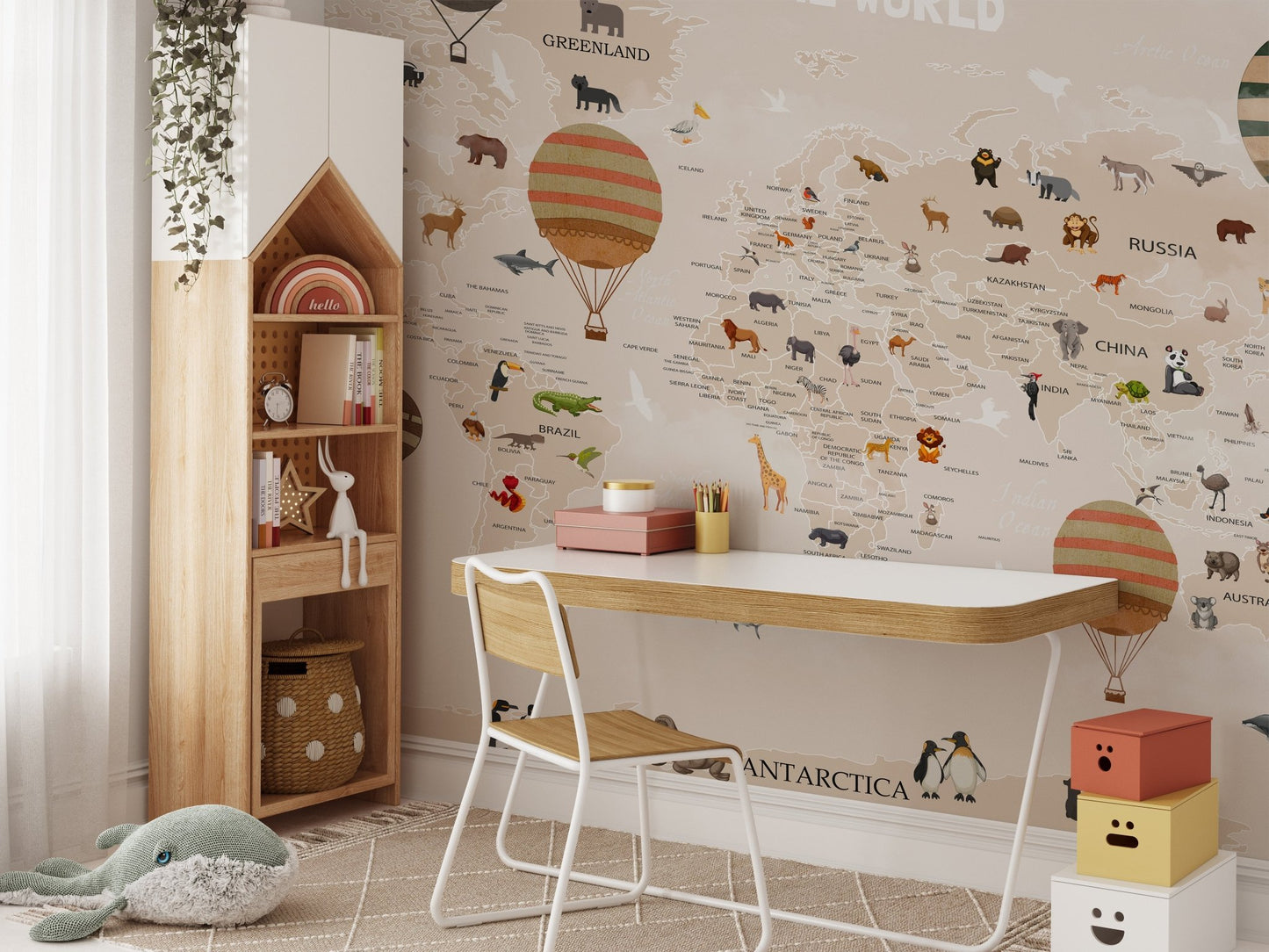 Playful animals map mural for imaginative kids study space.

