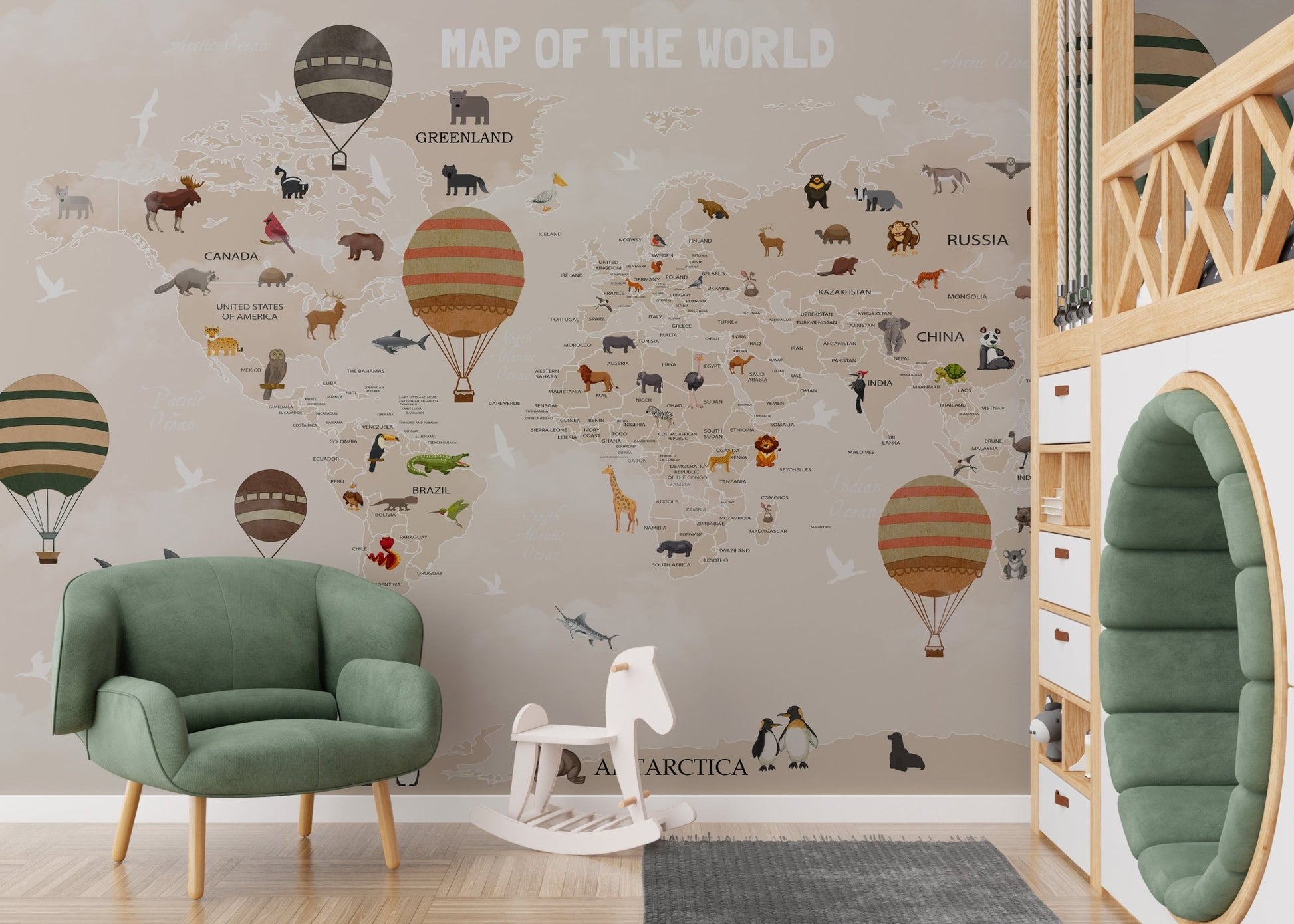 Adventurous animals world map mural for creative nursery interiors.

