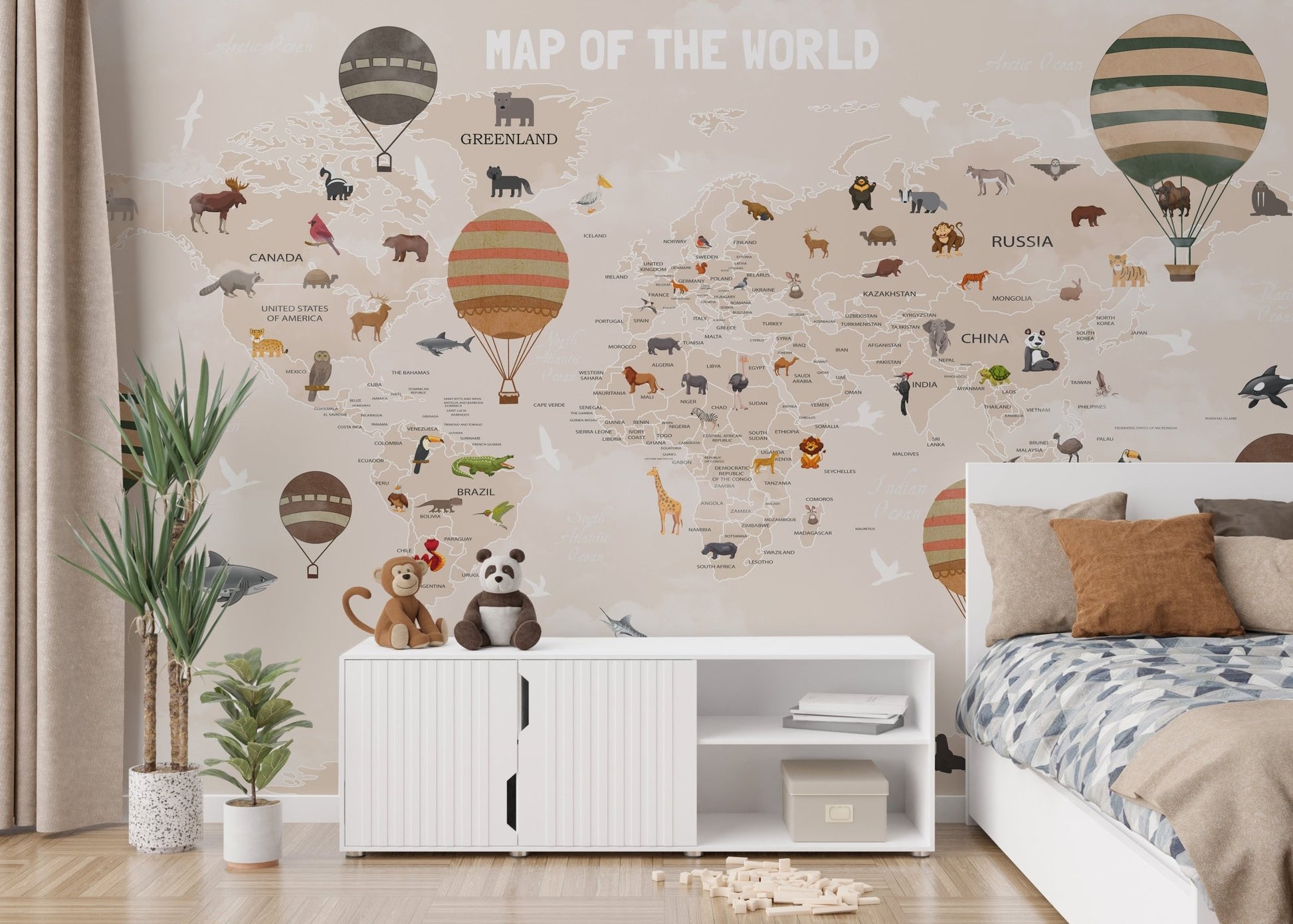 Map mural featuring adventurous animals for kids' bedroom walls.
