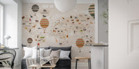 Wall mural featuring a map with adventurous animals and nature in living area.
