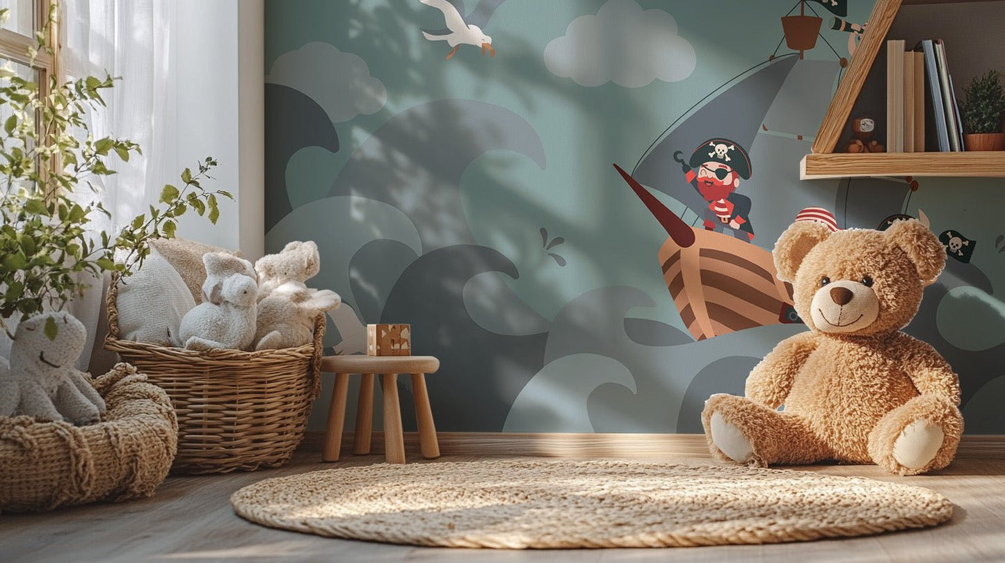 Storybook pirate crew wallpaper mural with wooden sailing ship.