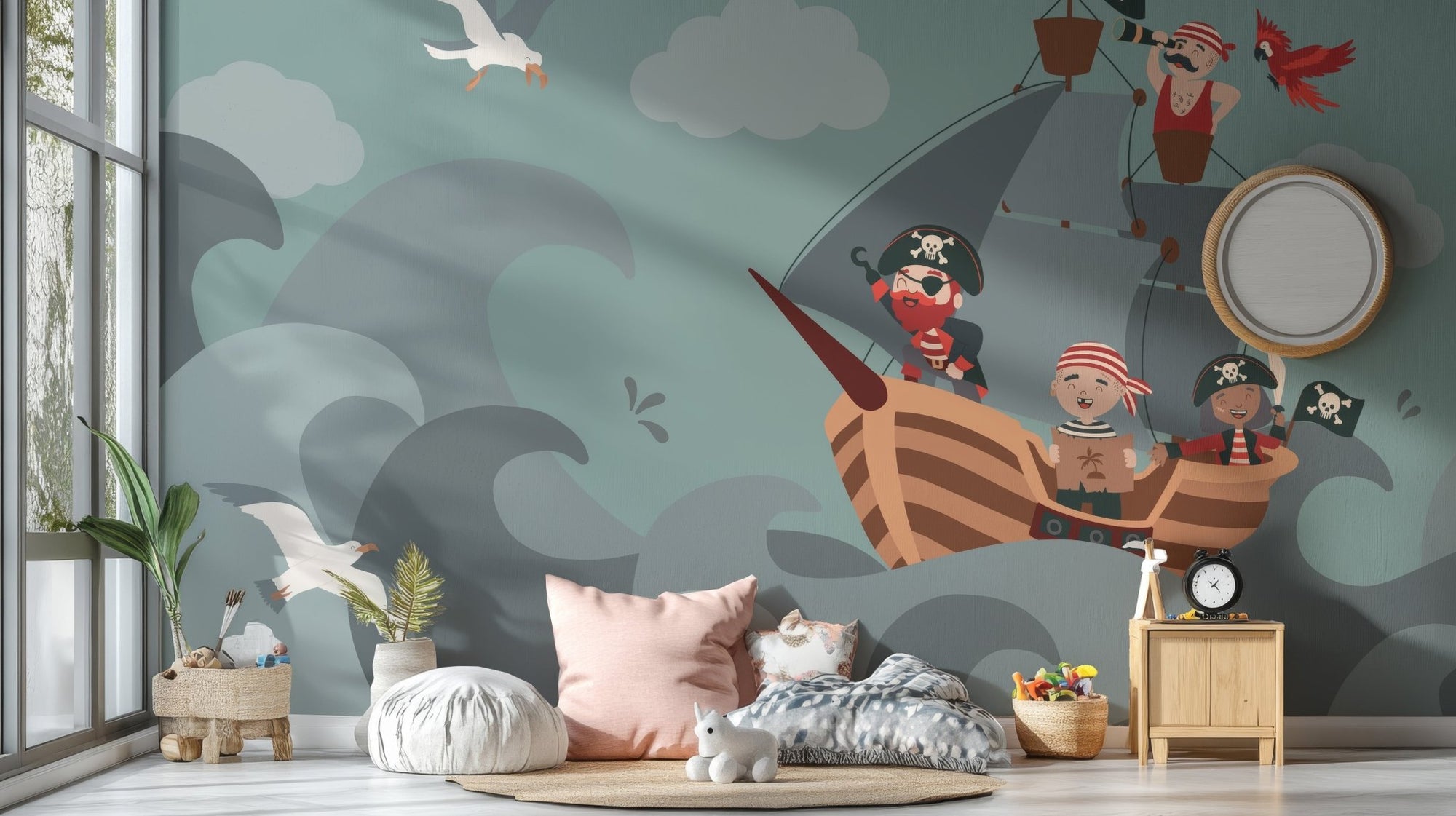 Adventurous pirate ship wall mural with cartoon pirates on teal ocean waves.