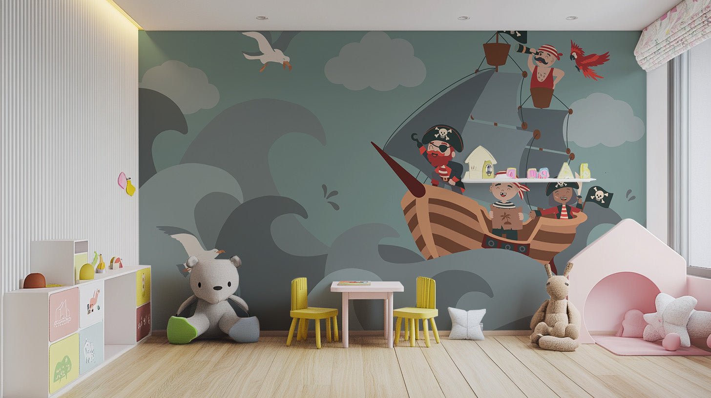Children’s pirate adventure wallpaper mural with map and parrot.