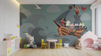 Children’s pirate adventure wallpaper mural with map and parrot.