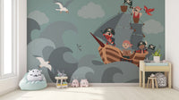 Pirate adventure wall mural with sailing ship and playful characters.