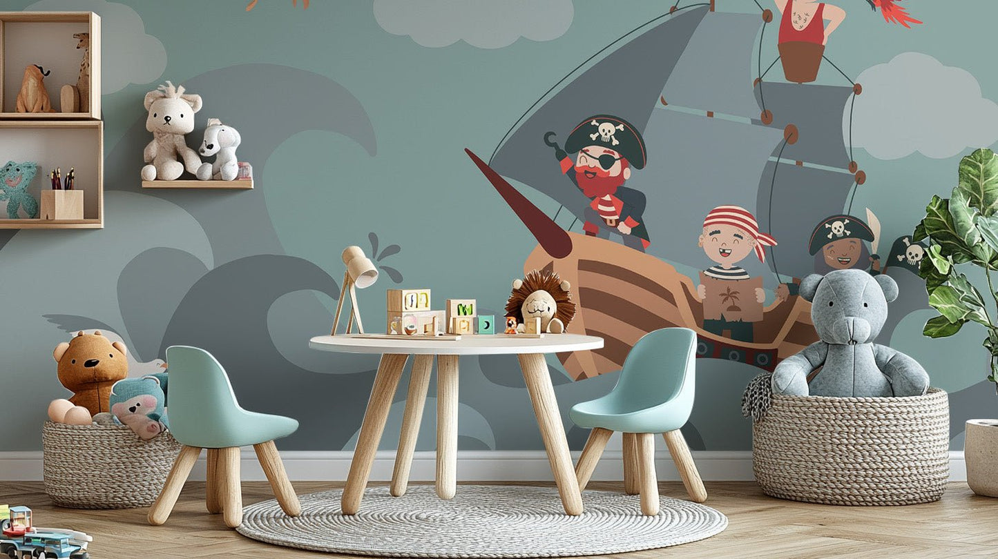 Adventure pirate ship wallpaper mural with stylized stormy waves.