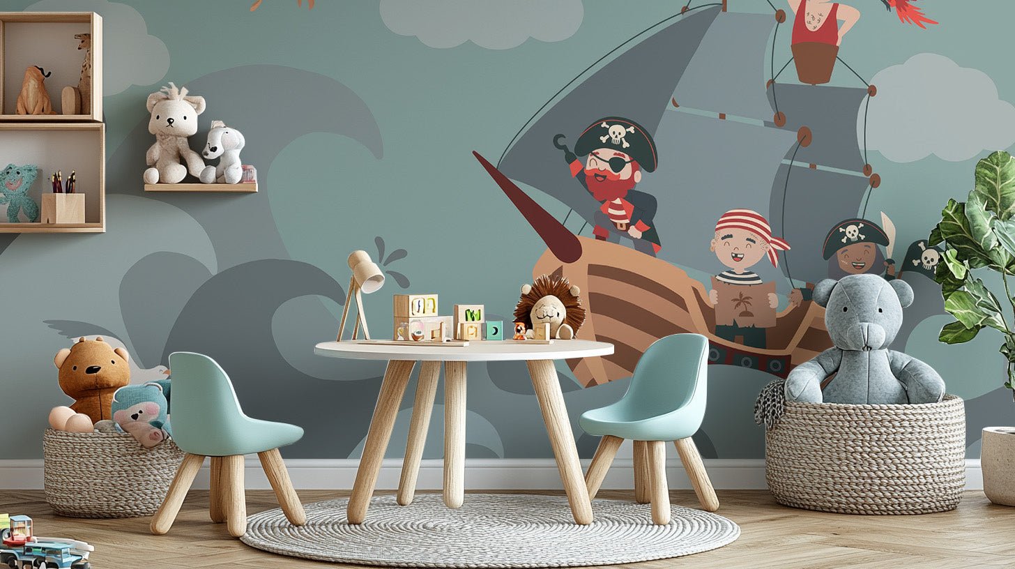 Adventure pirate ship wallpaper mural with stylized stormy waves.