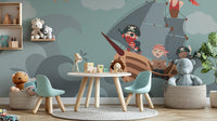 Adventure pirate ship wallpaper mural with stylized stormy waves.