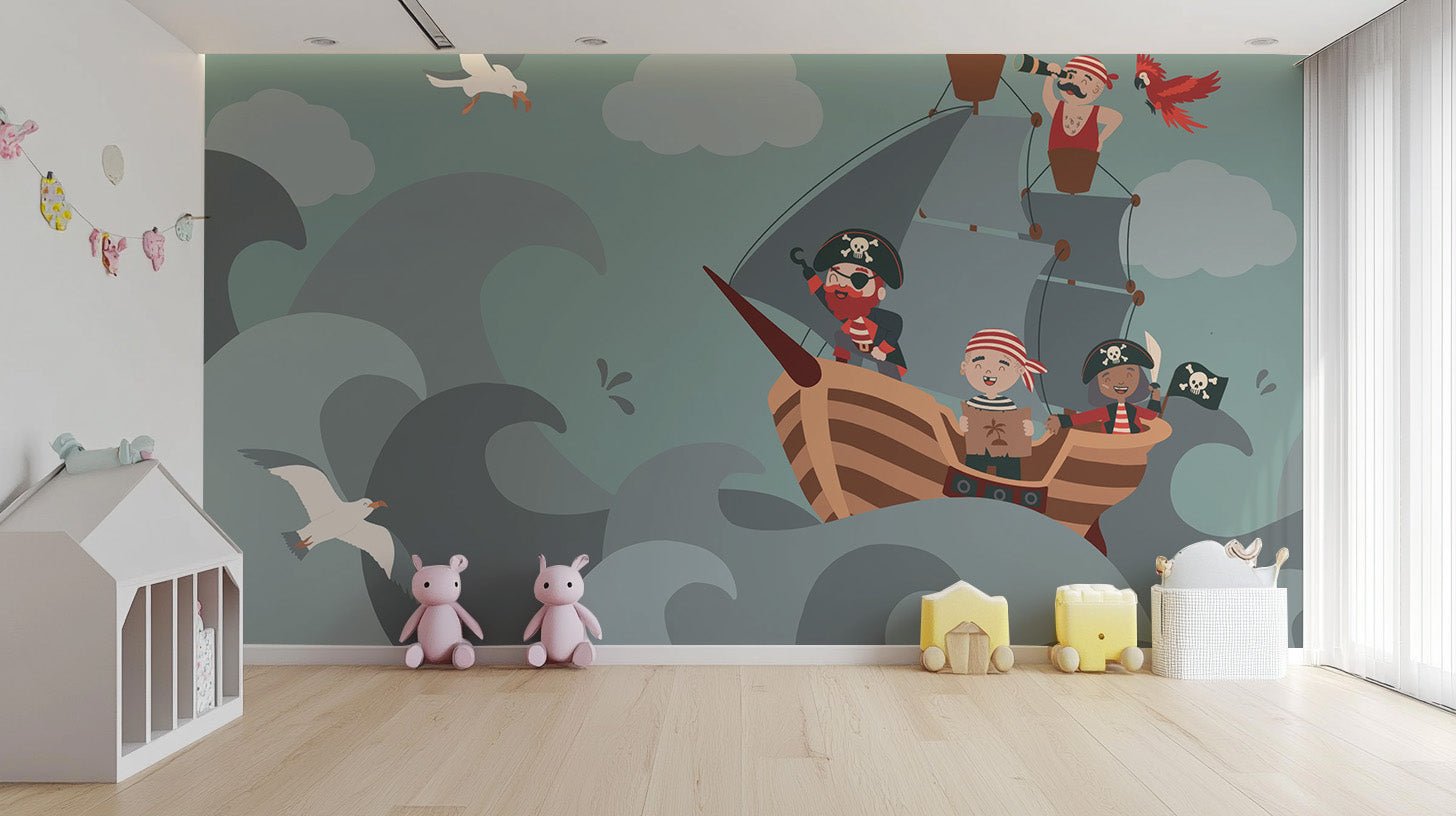 Illustrated pirate ship wallpaper mural with red and black accents.