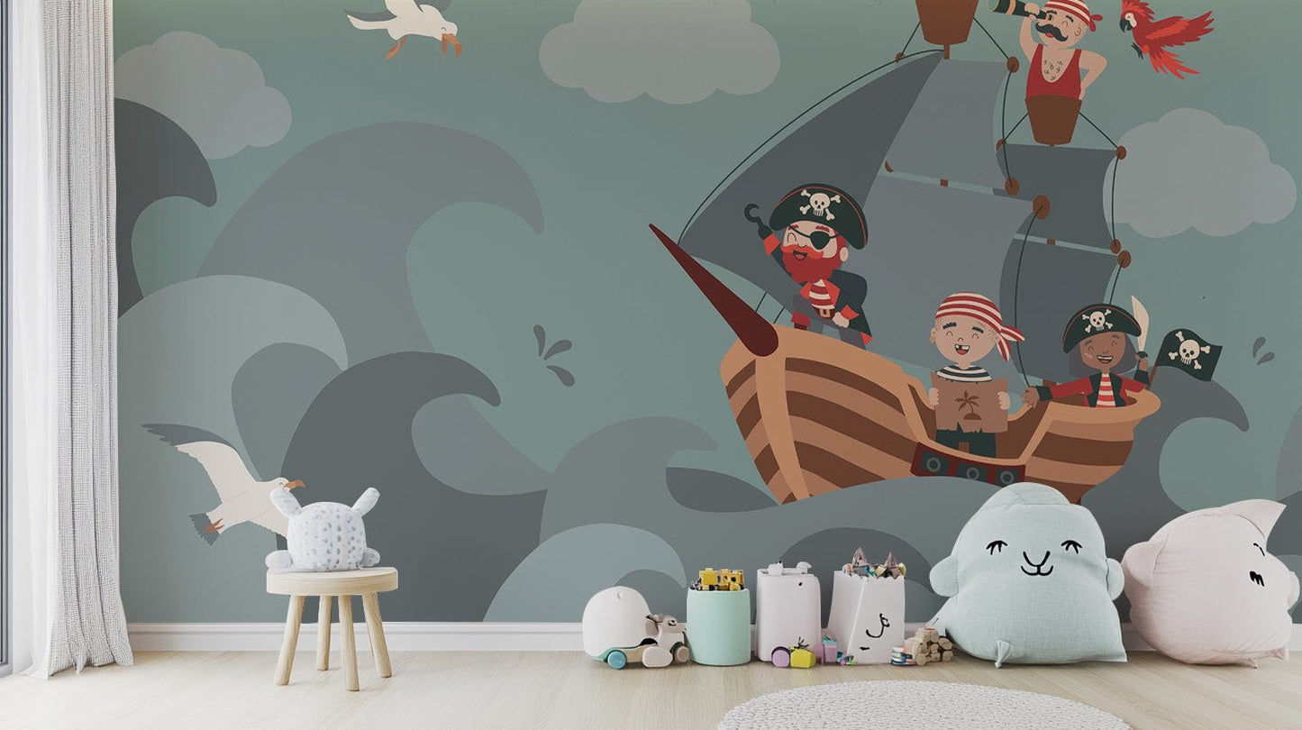 Cartoon pirate crew wallpaper mural in soft blue and gray color palette.