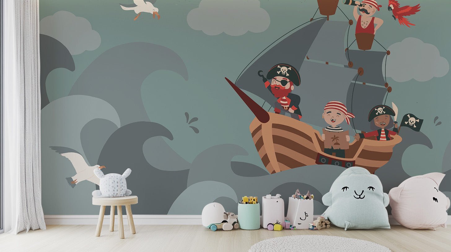 Cartoon pirate crew wallpaper mural in soft blue and gray color palette.