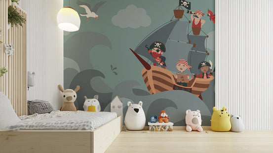 Whimsical sea pirate wall mural in muted teal and slate tones.