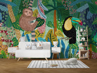 Green tropical wildlife wall mural behind a white sofa and rug in kids room.