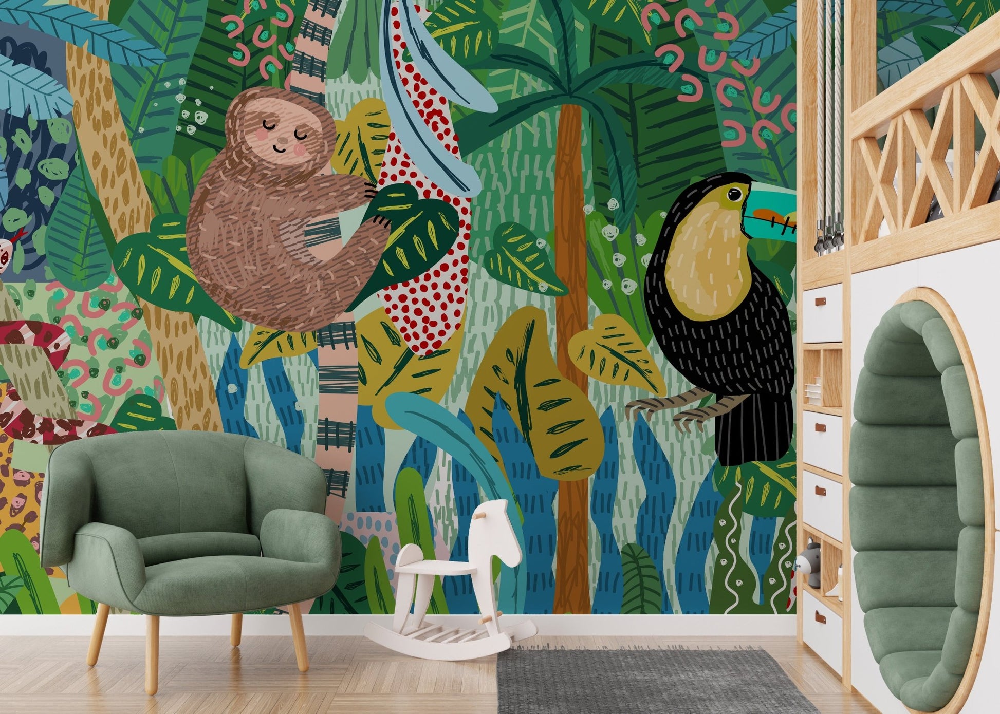 Adventurous Wildlife Wall Sketch Mural in a nursery with a green armchair.
