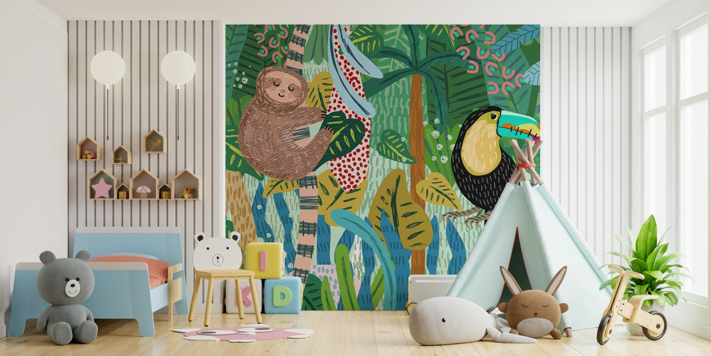 Adventurous Wildlife Wall Sketch Murals in a bright children's bedroom.