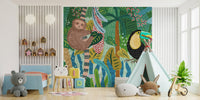 Adventurous Wildlife Wall Sketch Murals in a bright children's bedroom.