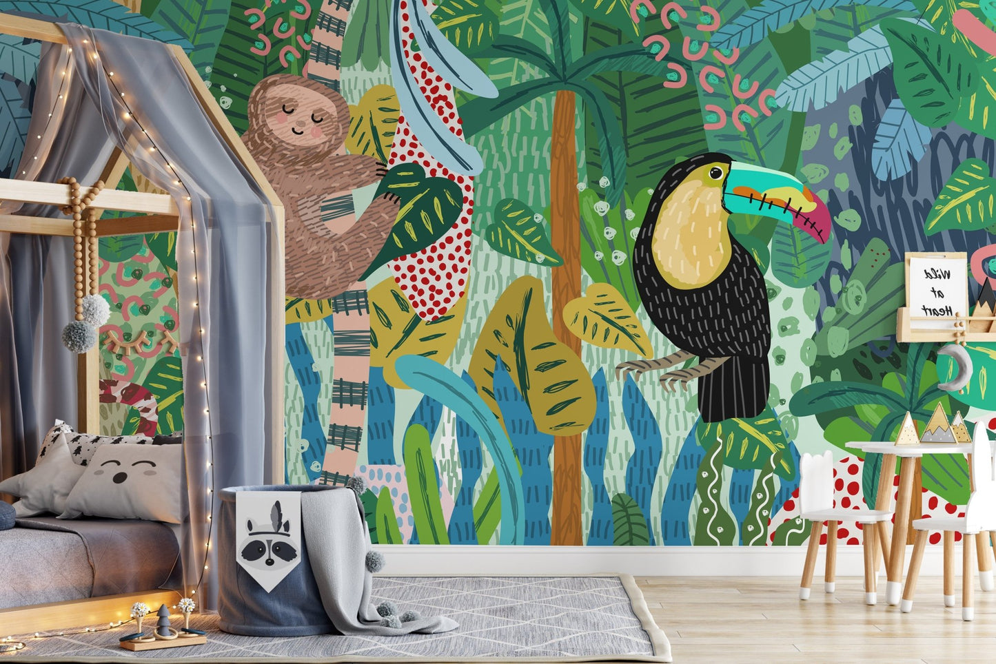 Bold Adventurous Wildlife Sketch mural for kids bedroom.