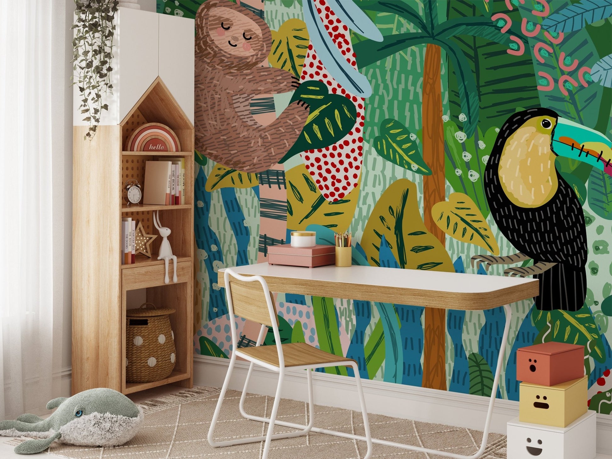 Wildlife sketch wall mural above a wooden study desk and chair.